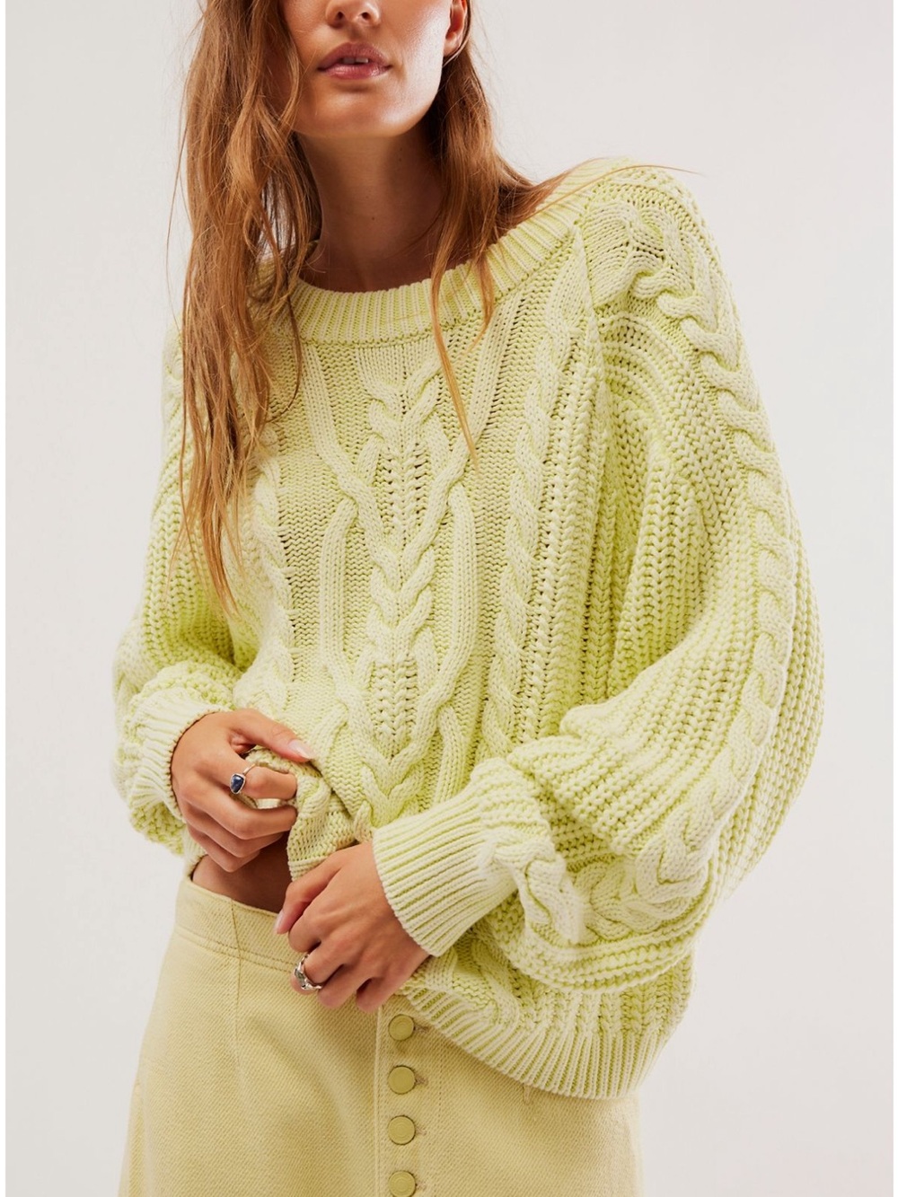FREE PEOPLE FRANKIE CABLE KNIT SWEATED / LIME GLO GREEN